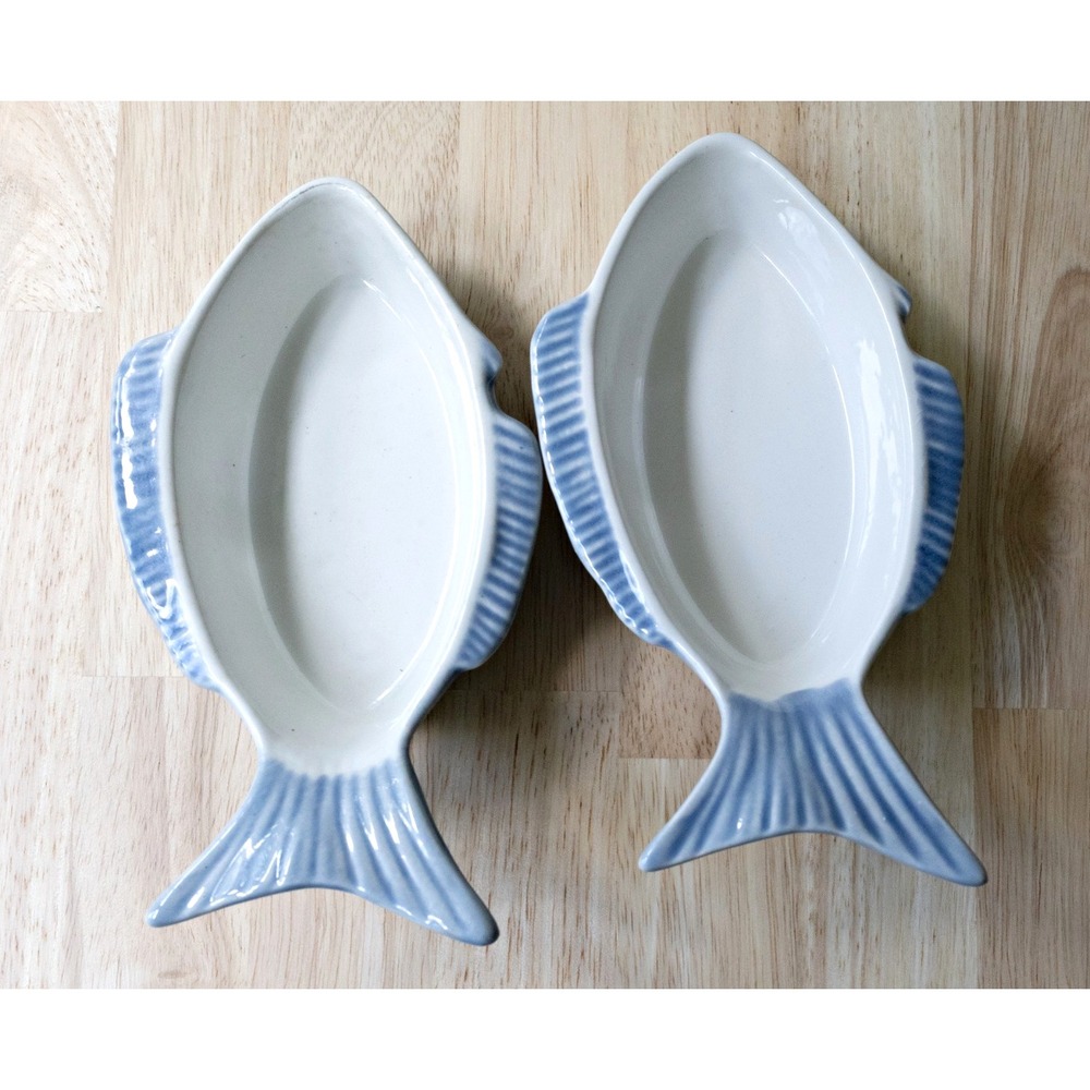 Secla Portugal Vintage Fish Shaped Dishes Blue And White Ceramic Nautical Decor